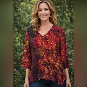 Chico's‎ Vibrant Floral V-Neck sheer Blouse - Red and Black 100% silk